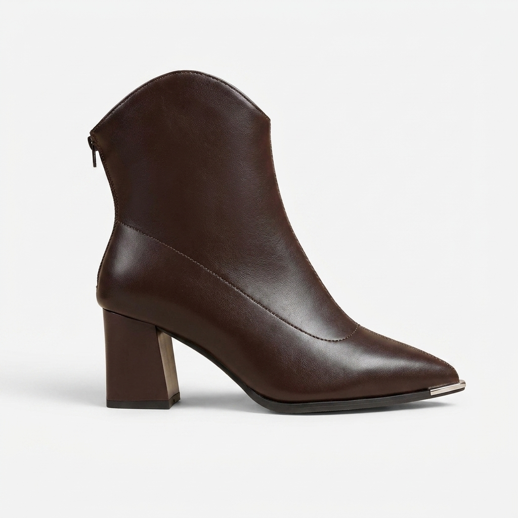 Botas de Tobillo de Cuero para Mujer con Tacón Cuadrado y Punta Afilada