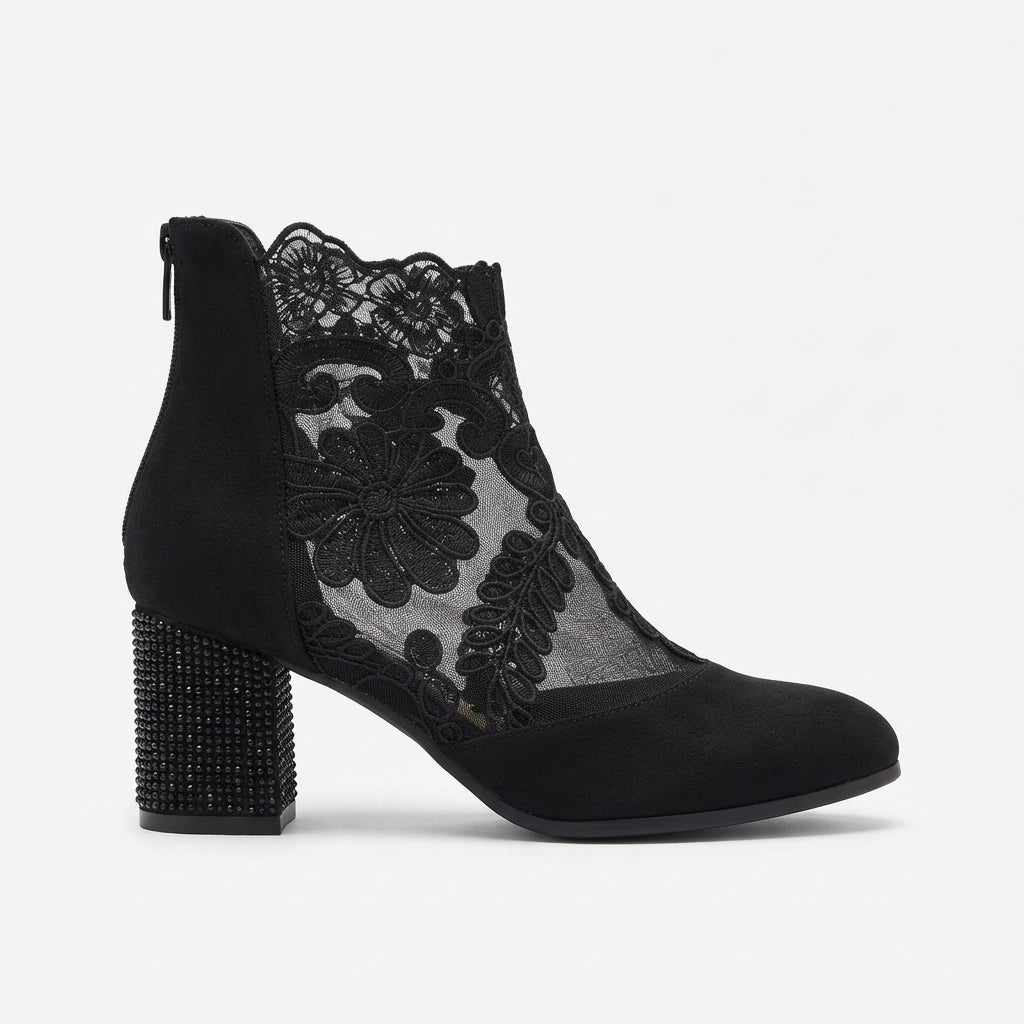 Botines de tacón con encaje floral para mujer