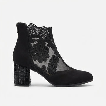 Botines de tacón con encaje floral para mujer