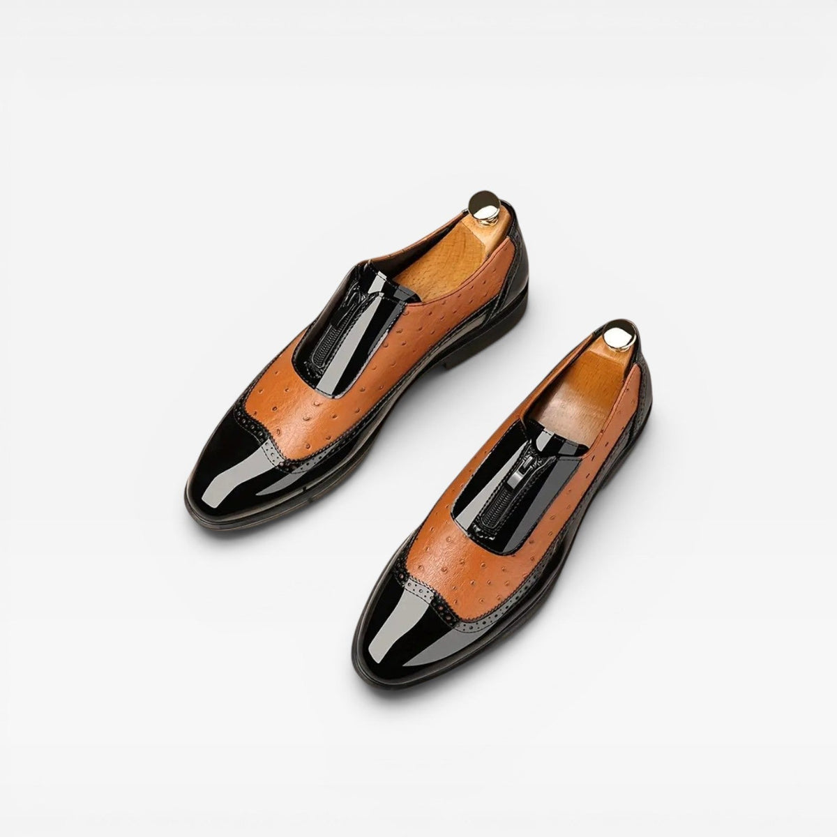 Zapatos Oxford de Piel de Avestruz con Acabado Patente para Hombre – Elegante Estilo Brogue en Dos Tonos