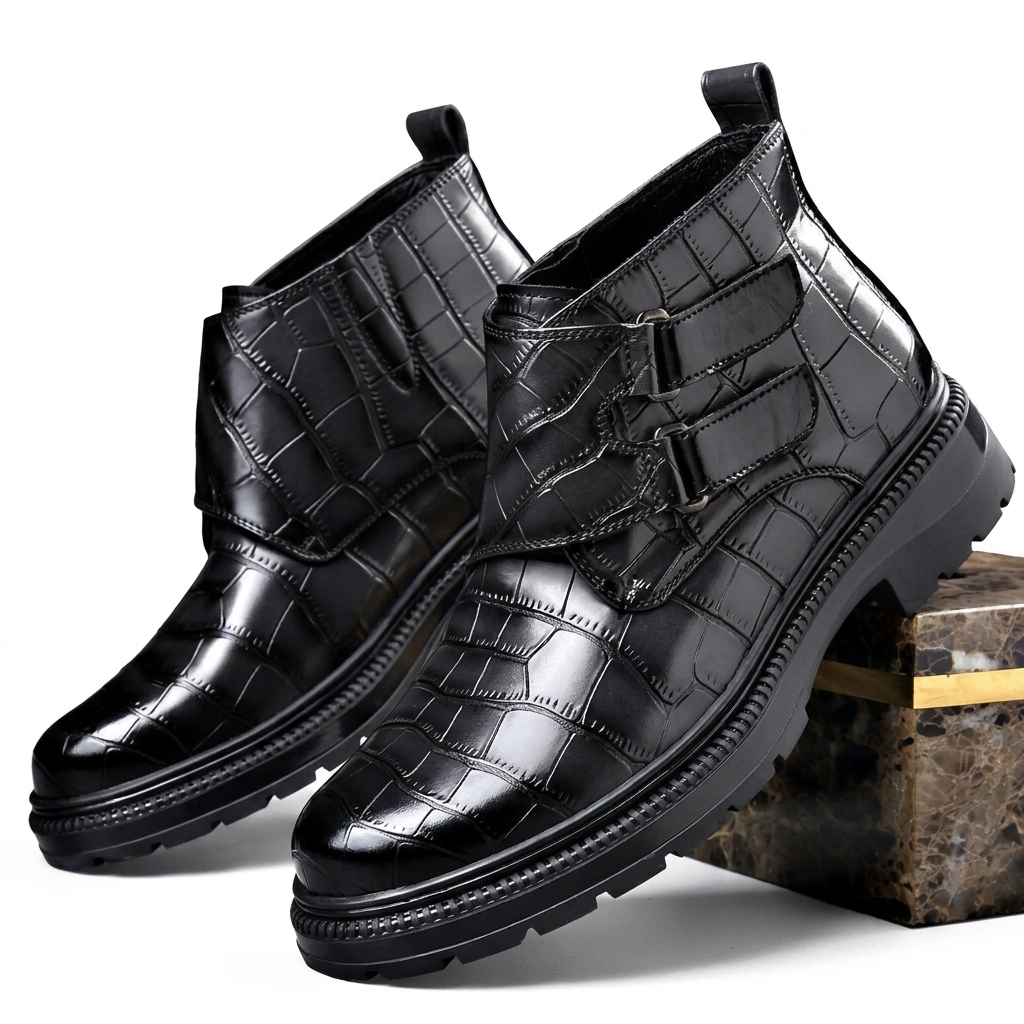 Botas de Tobillo de Cuero con Relieve de Cocodrilo para Hombre