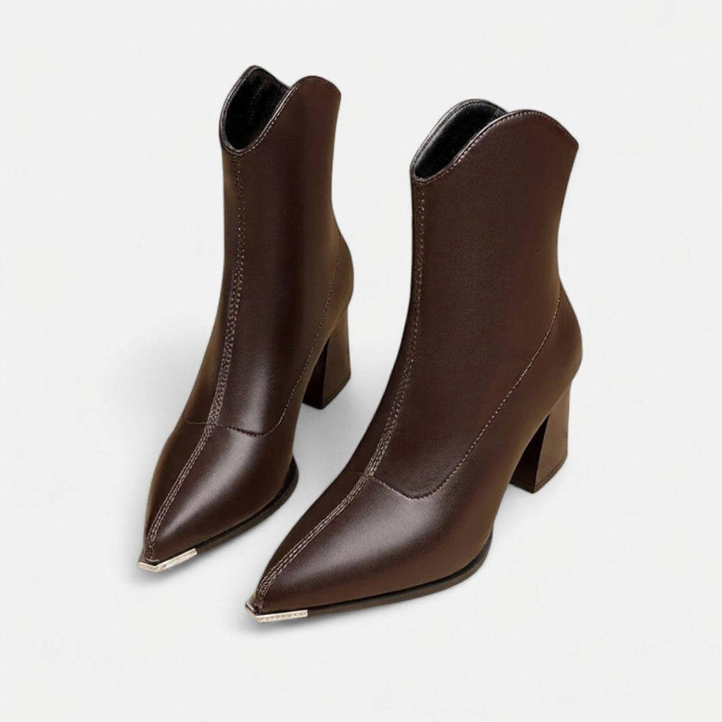 Botas de Tobillo de Cuero para Mujer con Tacón Cuadrado y Punta Afilada