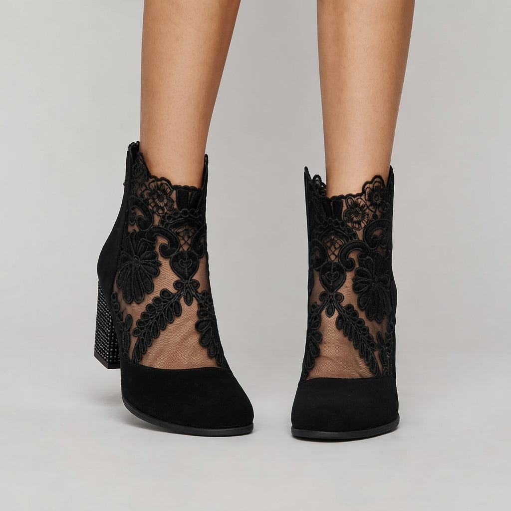 Botines de tacón con encaje floral para mujer