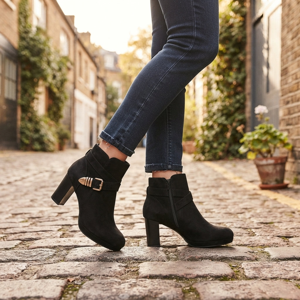 Botas de Tobillo Elegantes de Ante con Tacón para Mujer