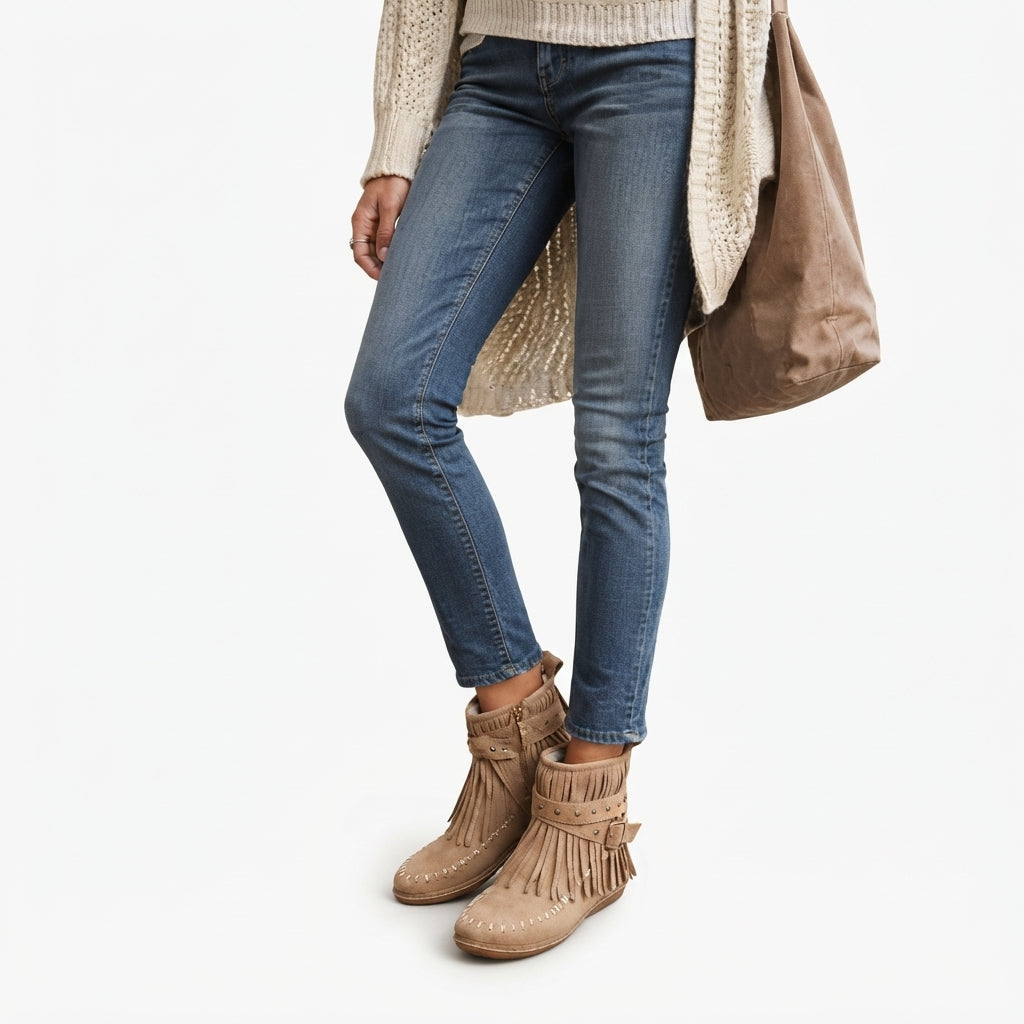 Botas de Tobillo de Ante con Flecos Encantadoras para Mujeres