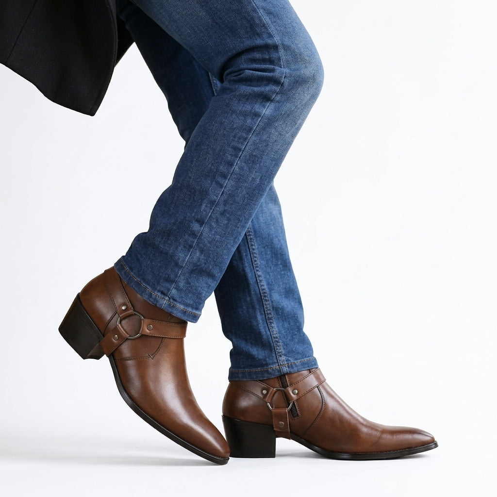 Botas de Cuero para Motociclista con Tacón para Hombre