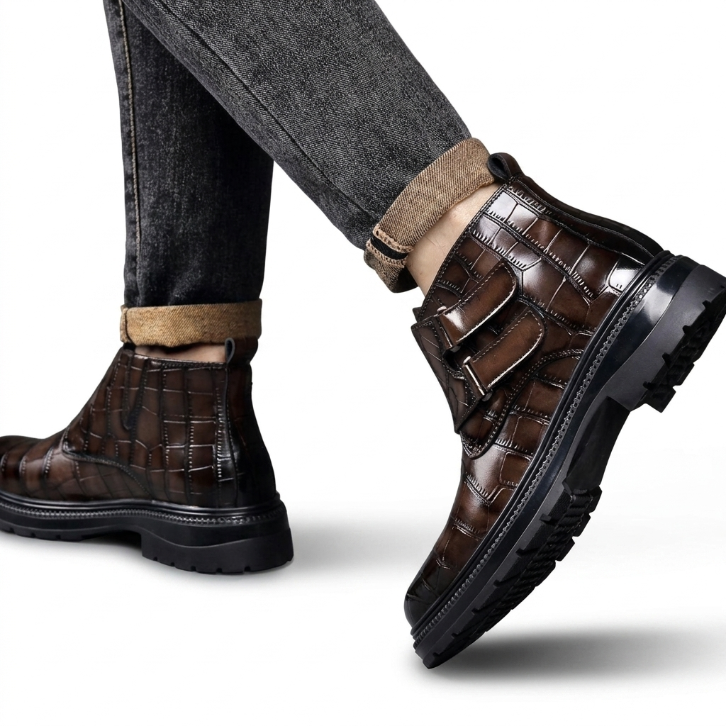 Botas de Tobillo de Cuero con Relieve de Cocodrilo para Hombre