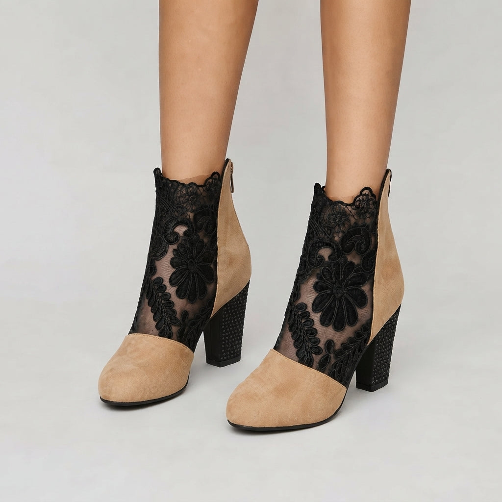 Botines de tacón con encaje floral para mujer