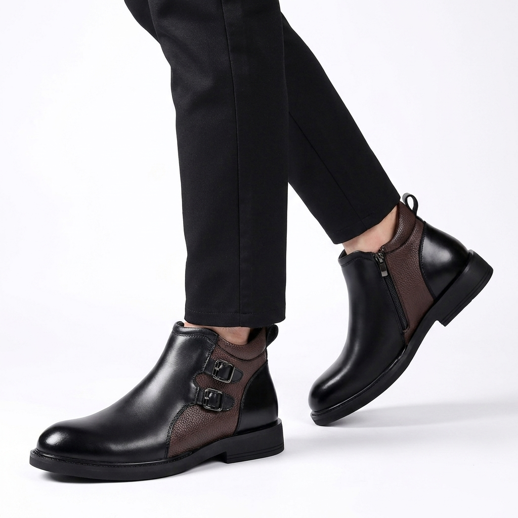 Botas de tobillo de cuero para hombre con doble hebilla