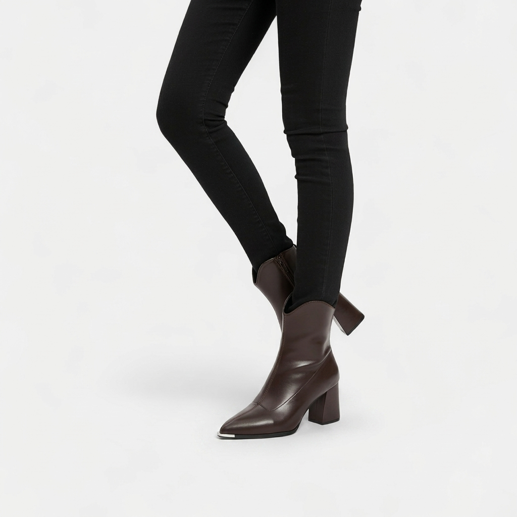 Botas de Tobillo de Cuero para Mujer con Tacón Cuadrado y Punta Afilada