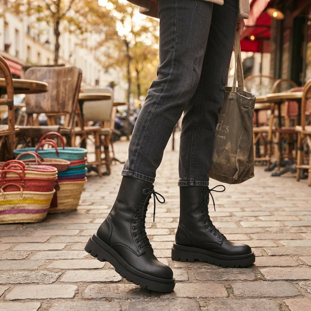 Botas de Combate de Cuero con Plataforma para Mujeres