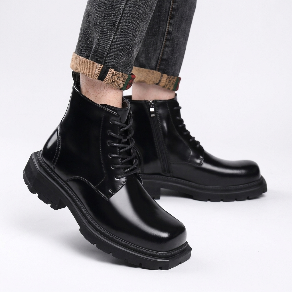 Botas de combate de cuero para hombre, tobilleras