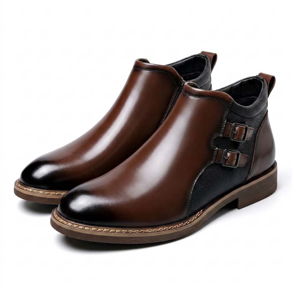 Botas de tobillo de cuero para hombre con doble hebilla