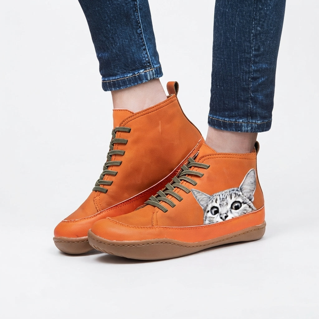 Botas de Tobillo Acogedoras para Mujeres con Estampado de Gato