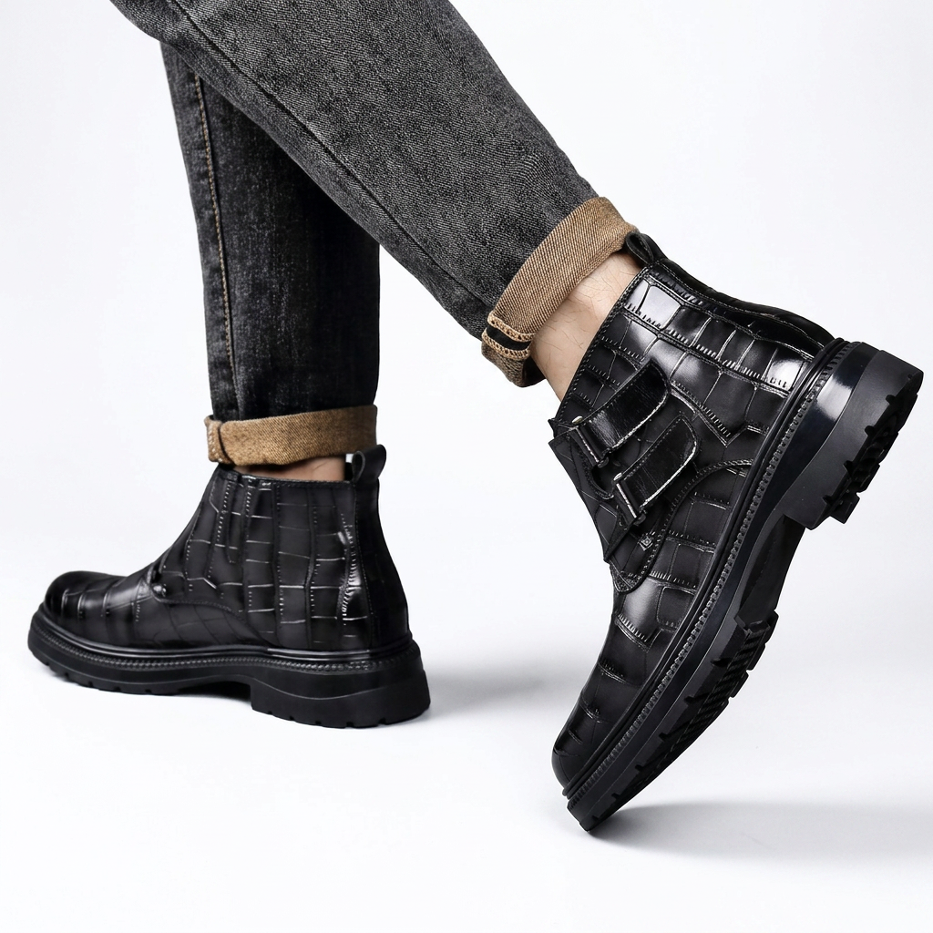 Botas de Tobillo de Cuero con Relieve de Cocodrilo para Hombre