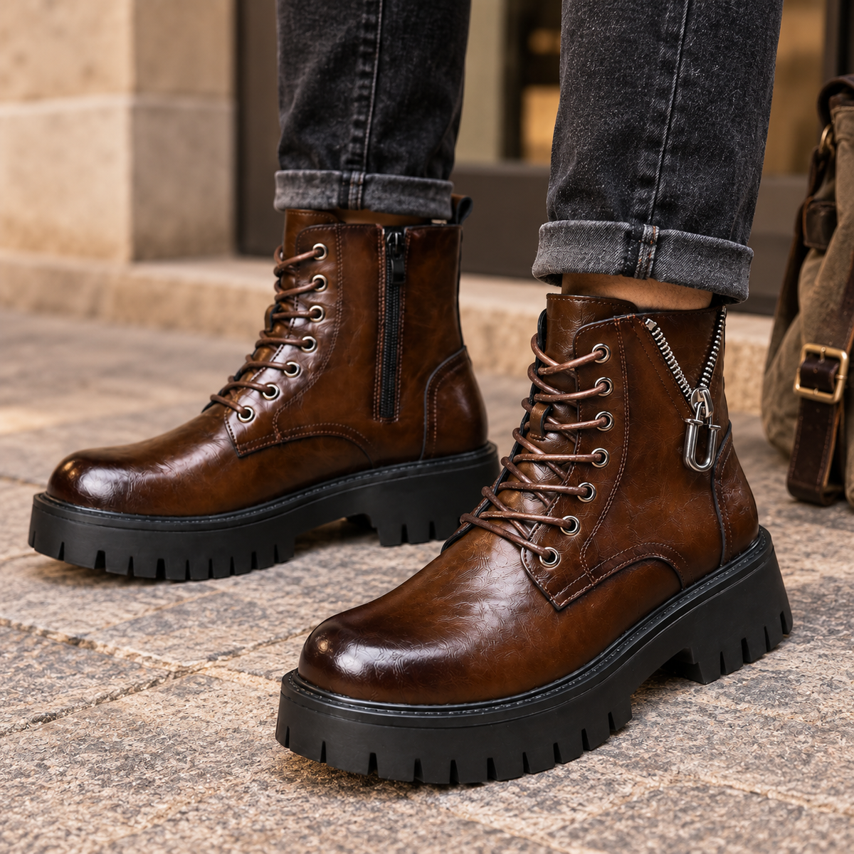 Botas de Combate de Cuero Rústico para Hombre