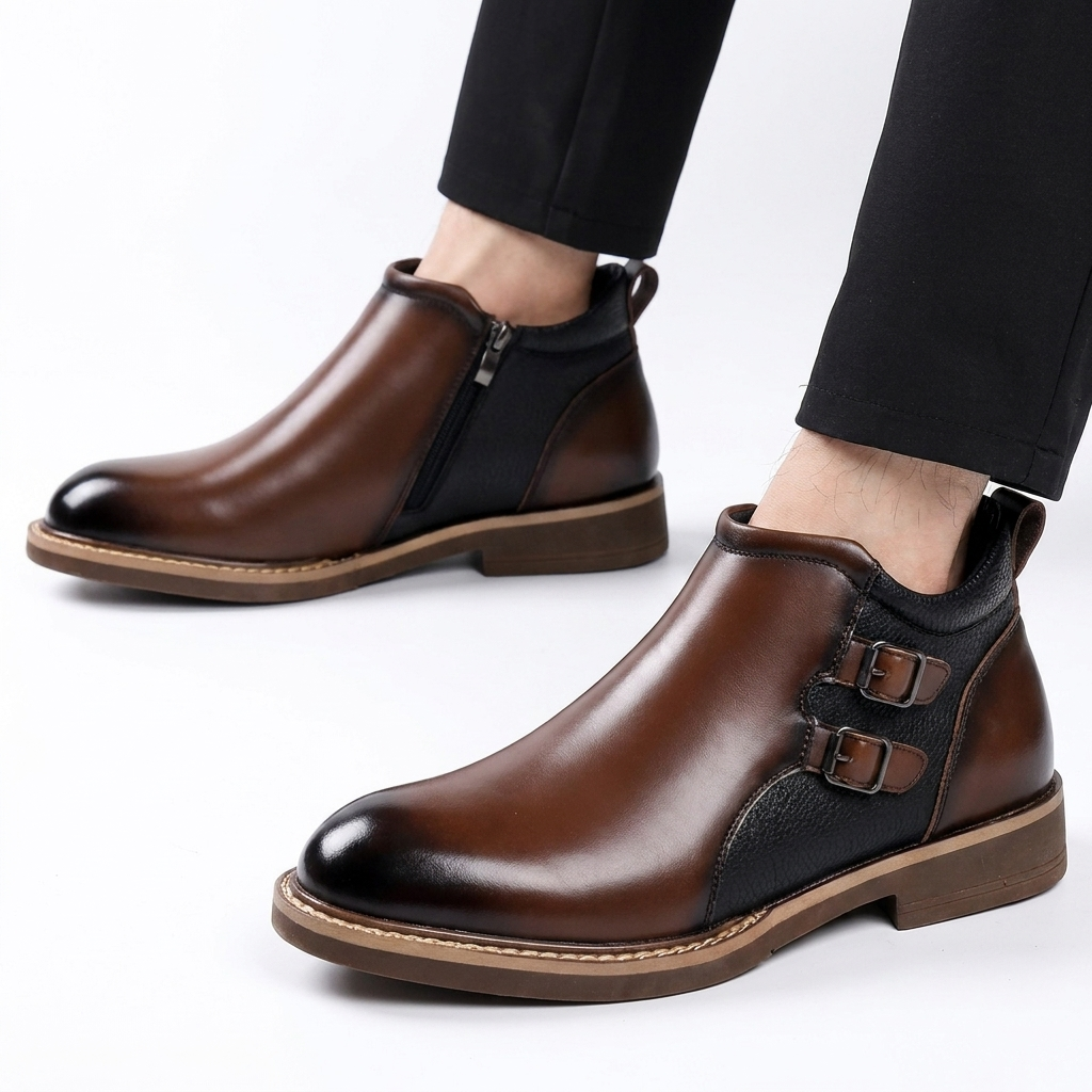 Botas de tobillo de cuero para hombre con doble hebilla