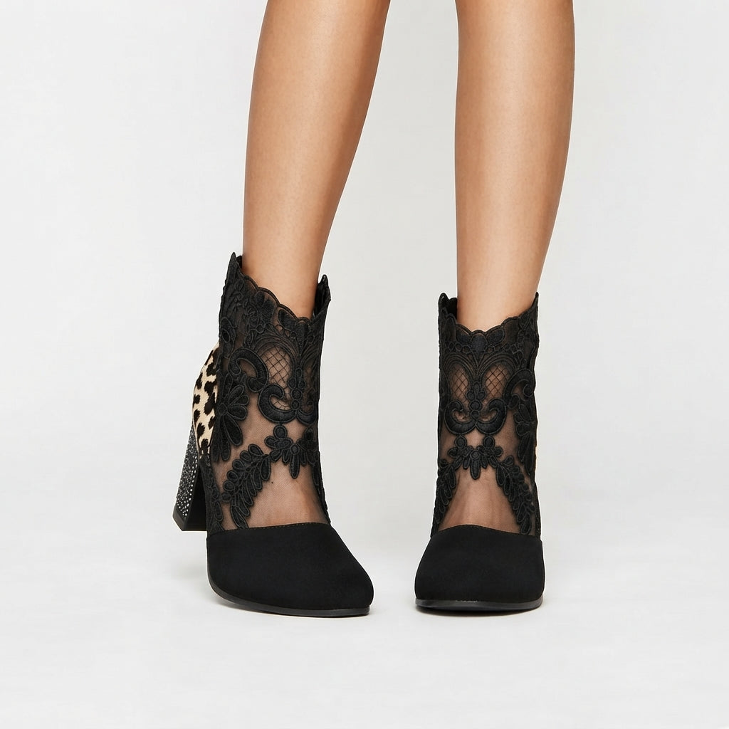 Botines de tacón con encaje floral para mujer
