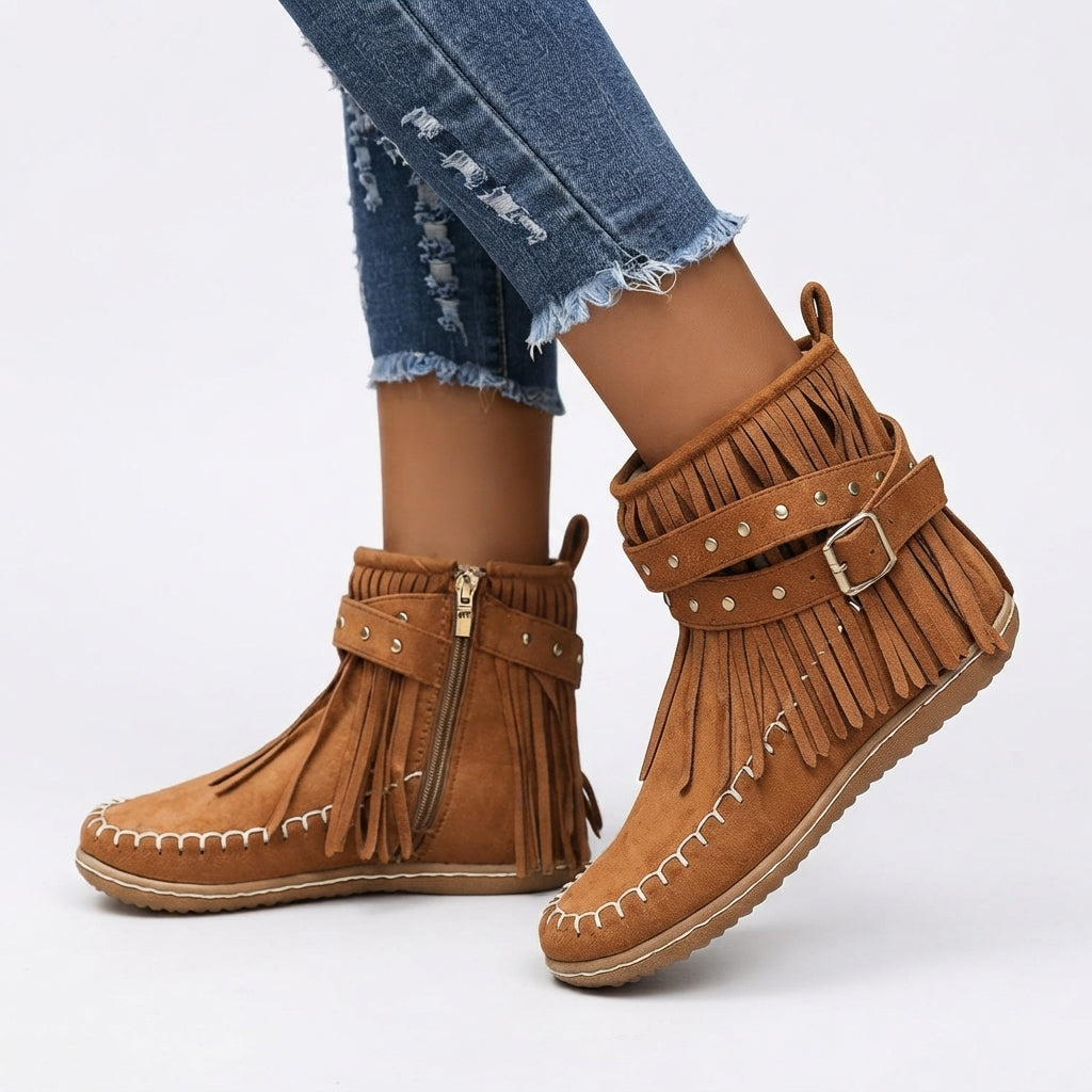 Botas de Tobillo de Ante con Flecos Encantadoras para Mujeres