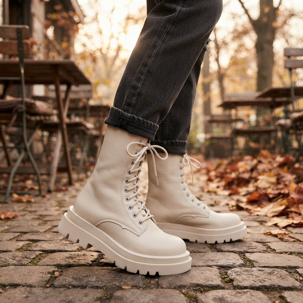 Botas de Combate de Cuero con Plataforma para Mujeres