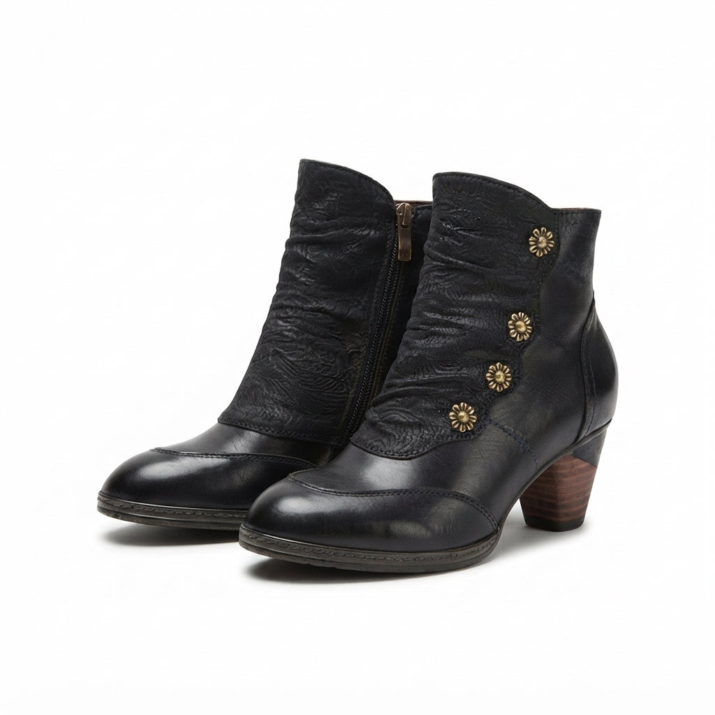 Botas de Tobillo Elegantes de Cuero con Tacón para Mujeres