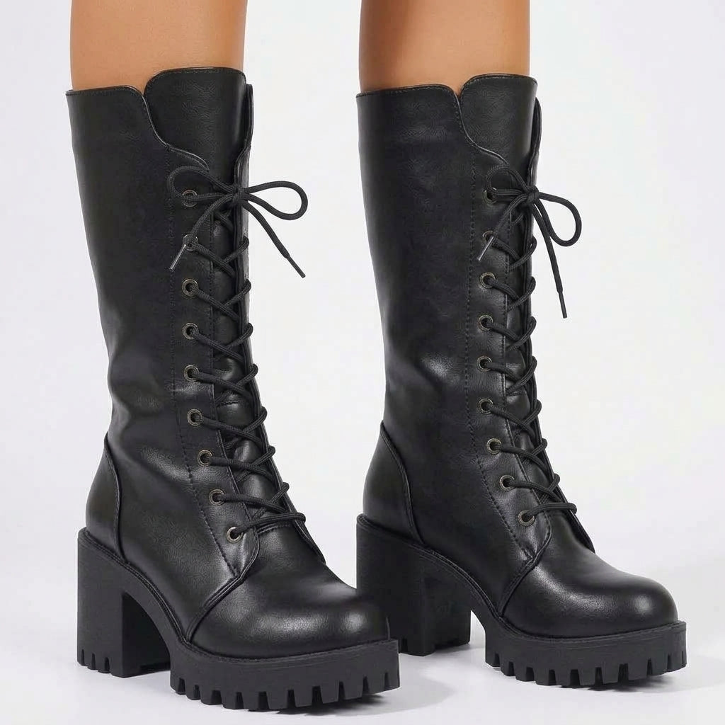 Botas de Combate de Cuero con Plataforma para Mujer