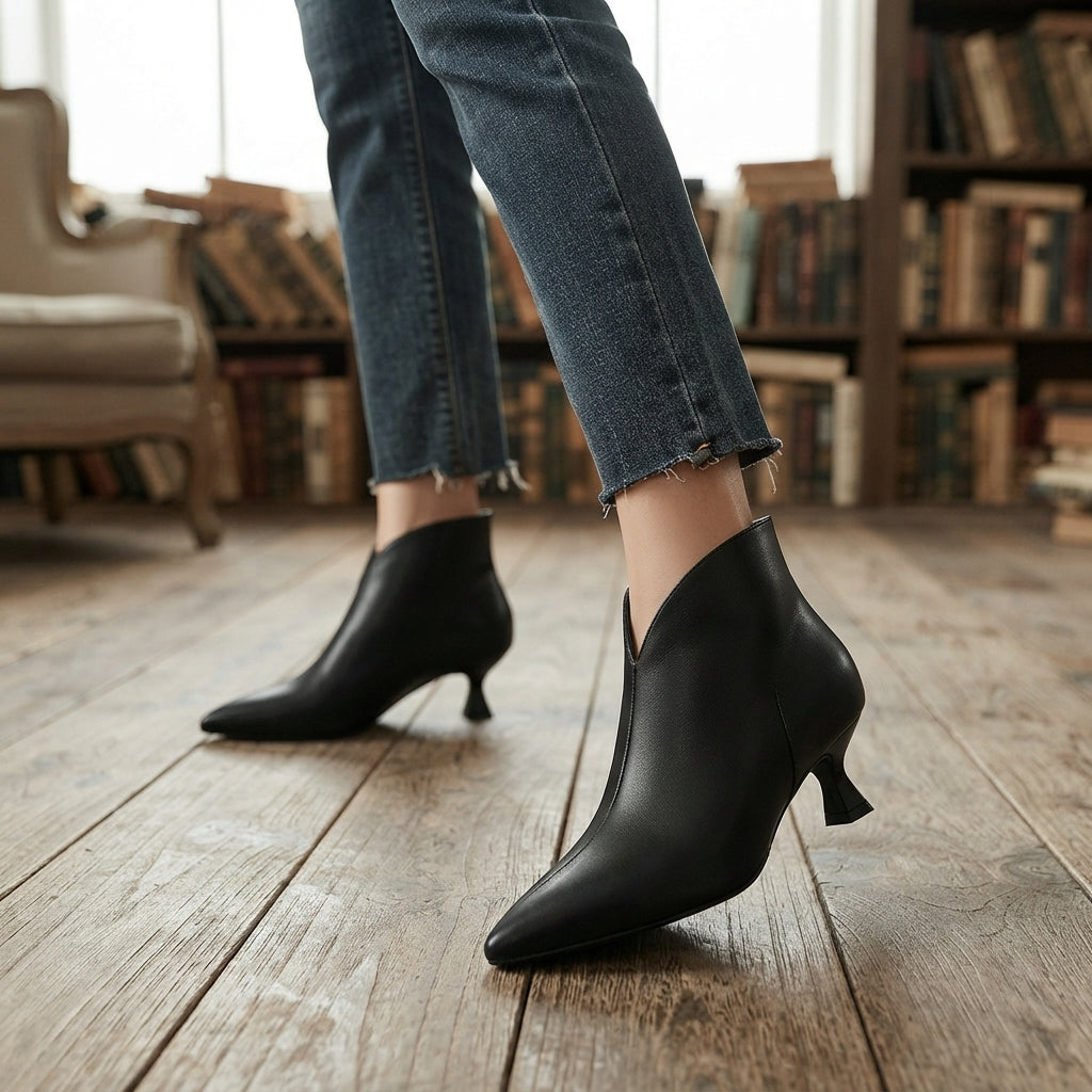 Botas de Tobillo de Punta Afila con Tacón de Gatito para Mujeres
