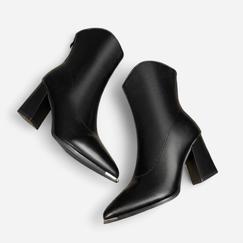Botas de Tobillo de Cuero para Mujer con Tacón Cuadrado y Punta Afilada
