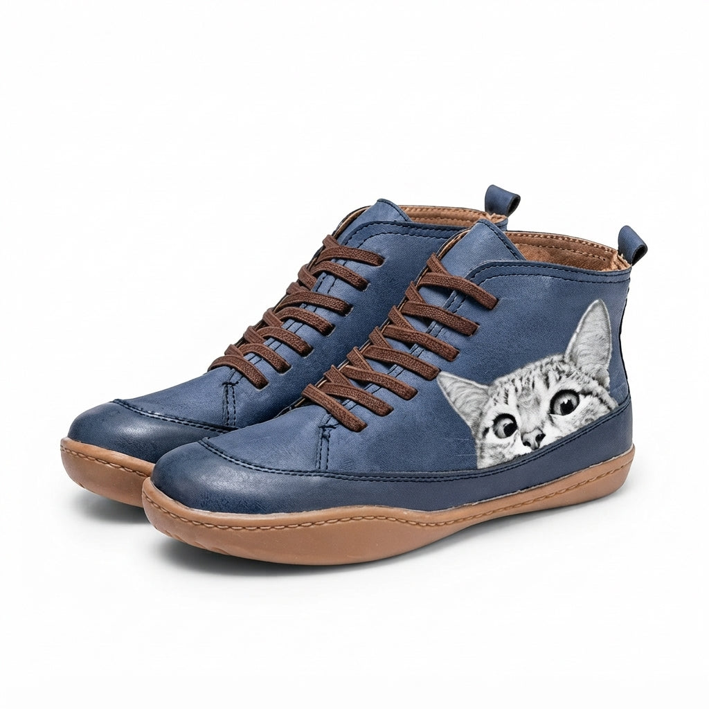 Botas de Tobillo Acogedoras para Mujeres con Estampado de Gato