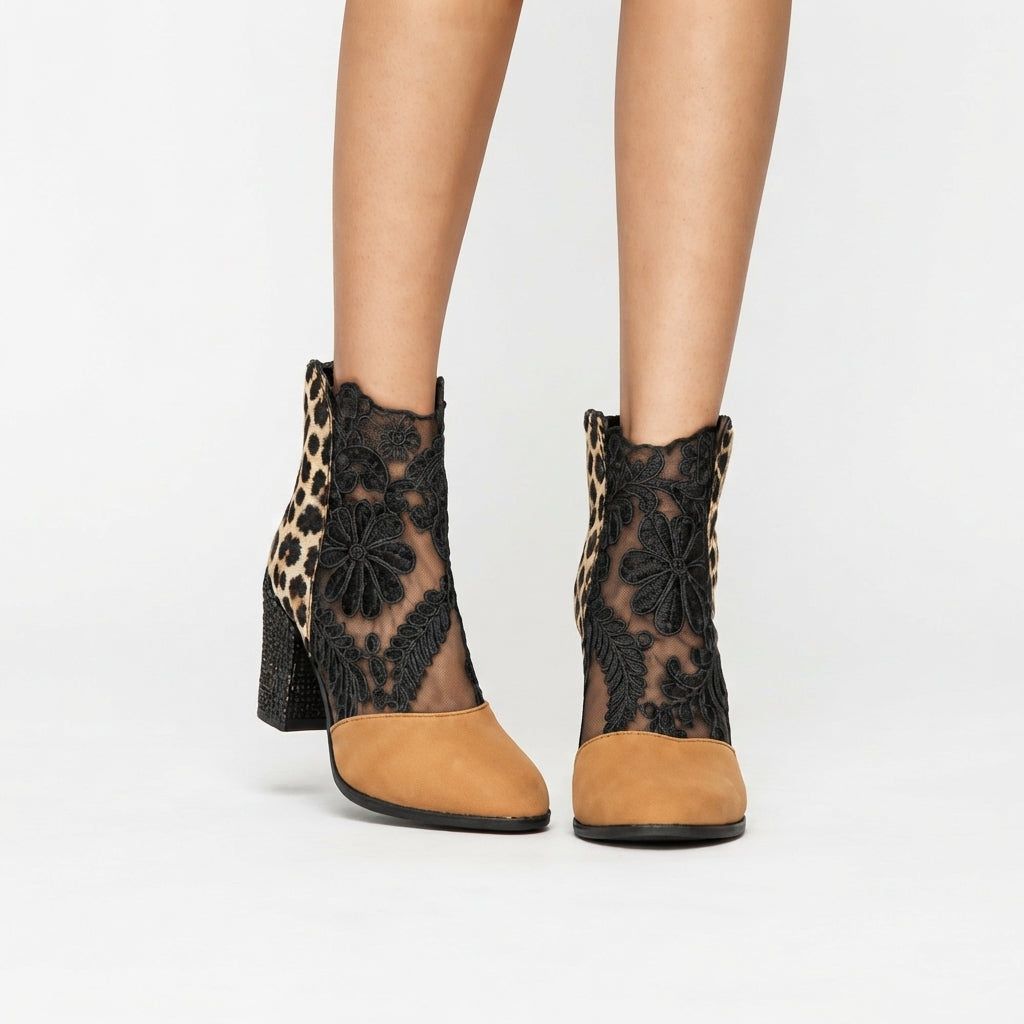 Botines de tacón con encaje floral para mujer
