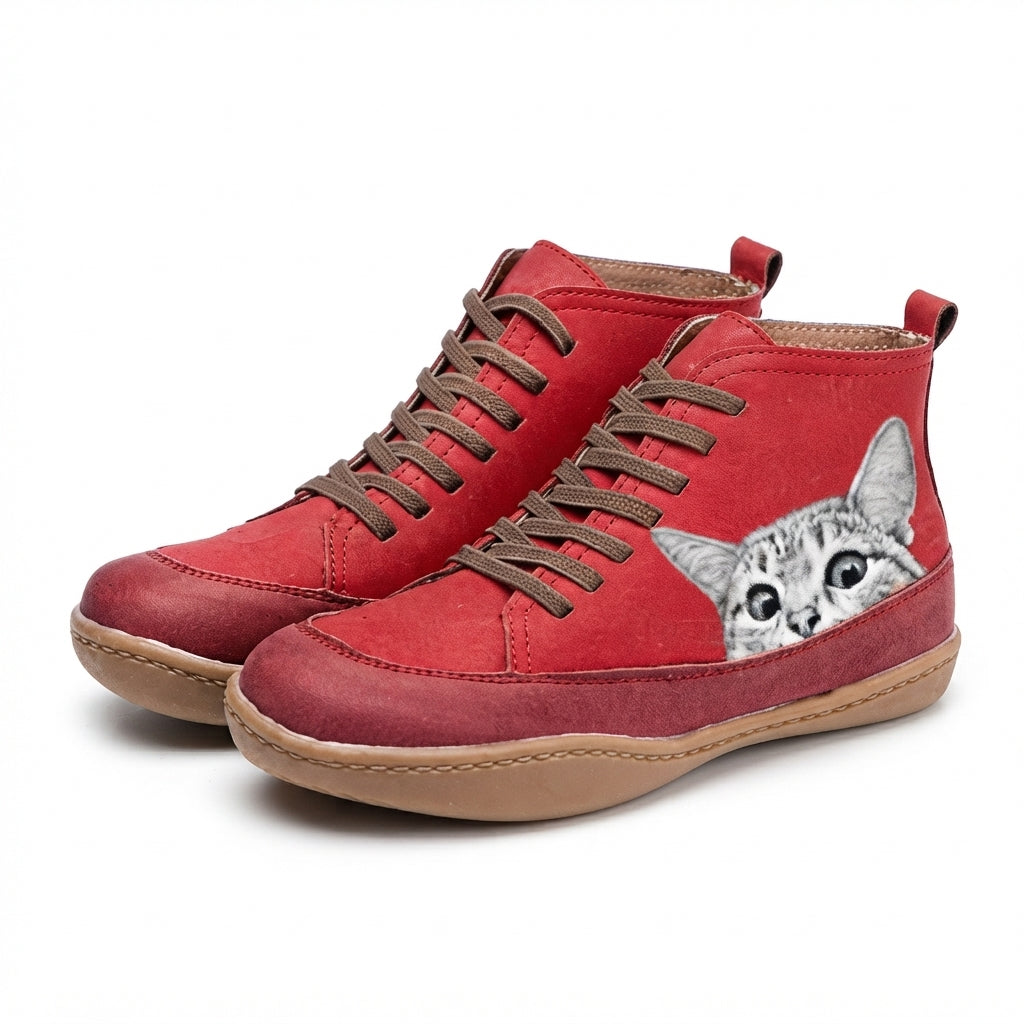 Botas de Tobillo Acogedoras para Mujeres con Estampado de Gato