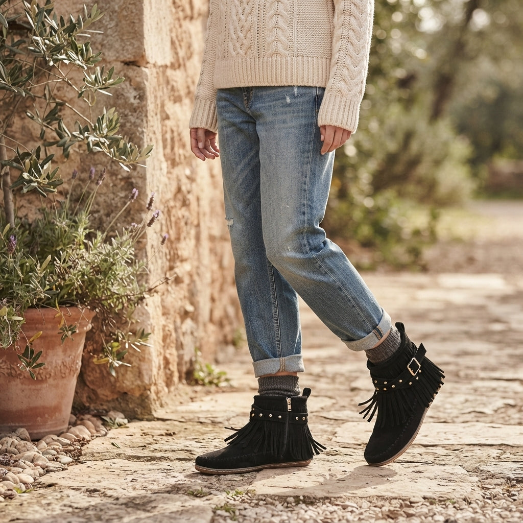 Botas de Tobillo de Ante con Flecos Encantadoras para Mujeres