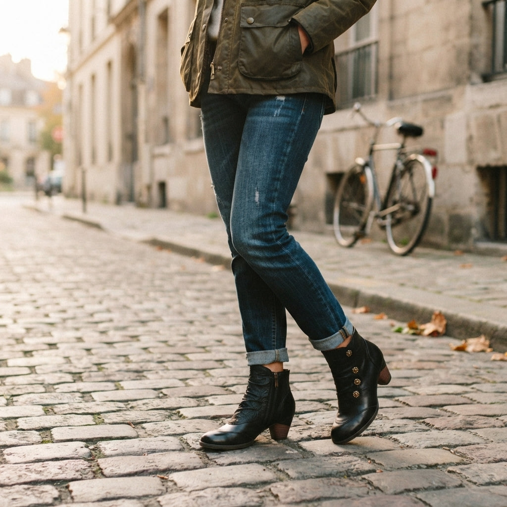 Botas de Tobillo Elegantes de Cuero con Tacón para Mujeres