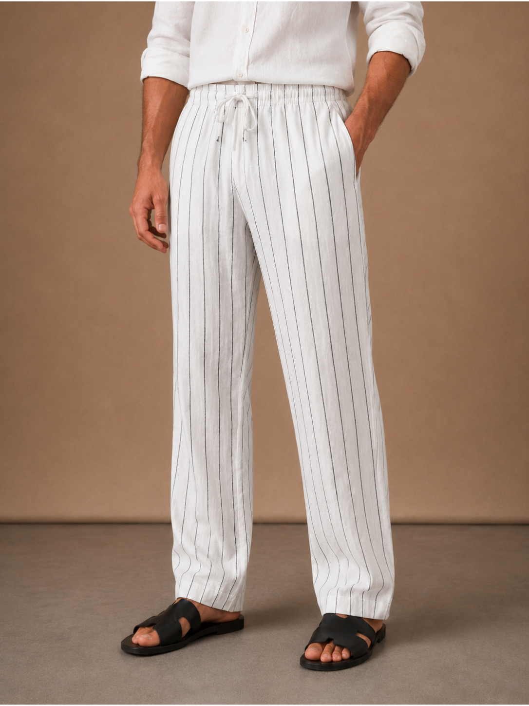 Pantalones de Lino con Cintura Ajustable para Hombre – Corte Casual a Rayas | Areleon