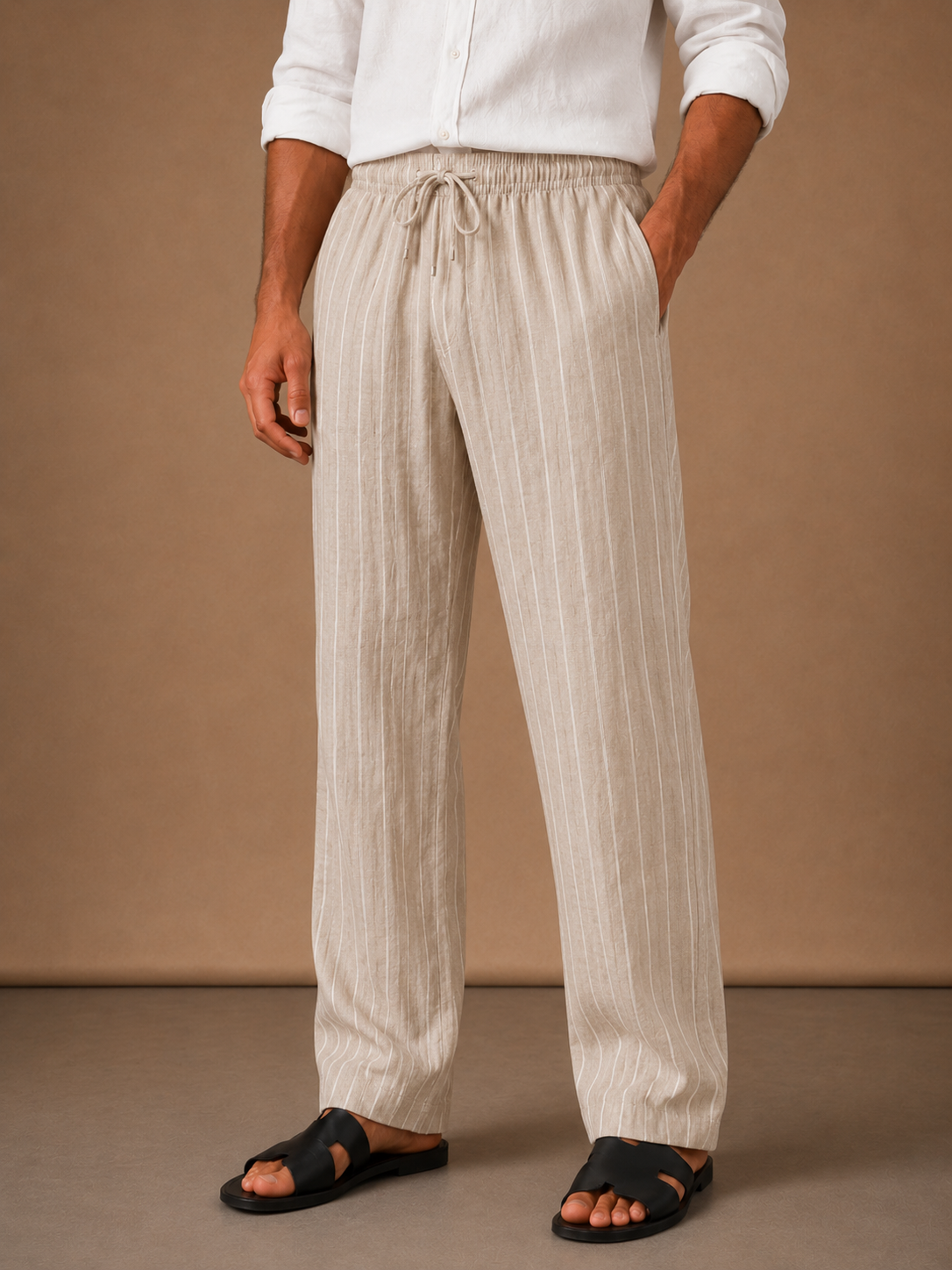 Pantalones de Lino con Cintura Ajustable para Hombre – Corte Casual a Rayas | Areleon