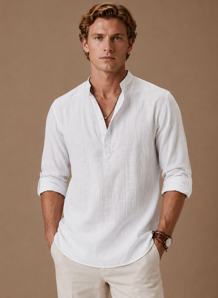 Camisa de Lino con Cuello Abierto para Hombre – Corte Casual Relajado | Areleon
