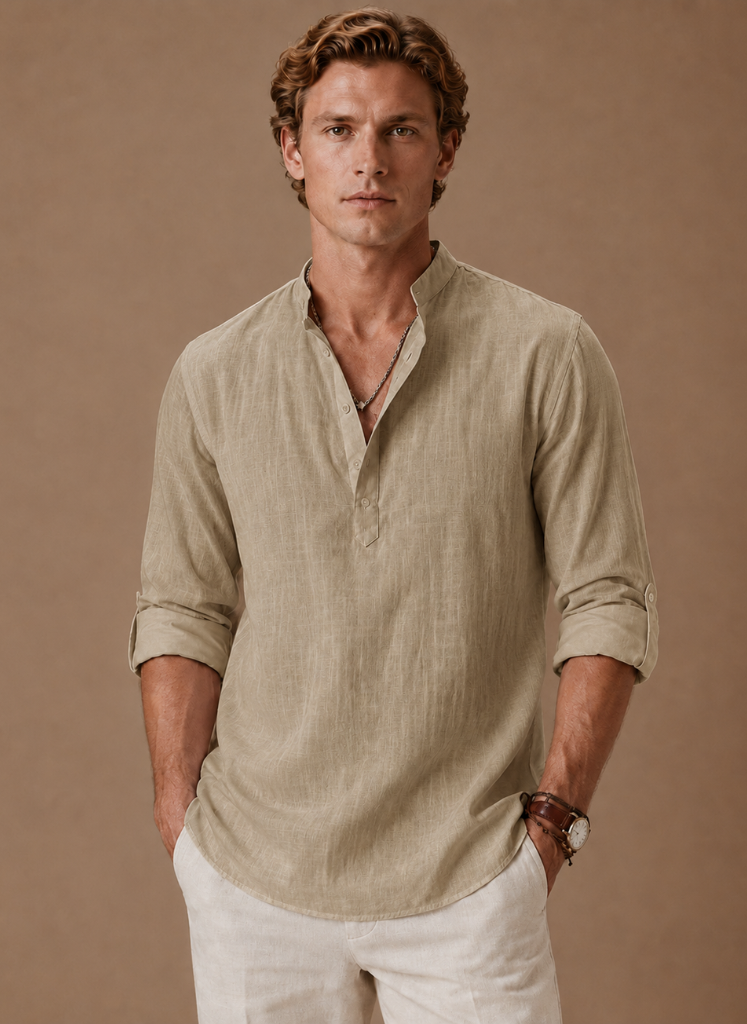 Camisa de Lino con Cuello Abierto para Hombre – Corte Casual Relajado | Areleon