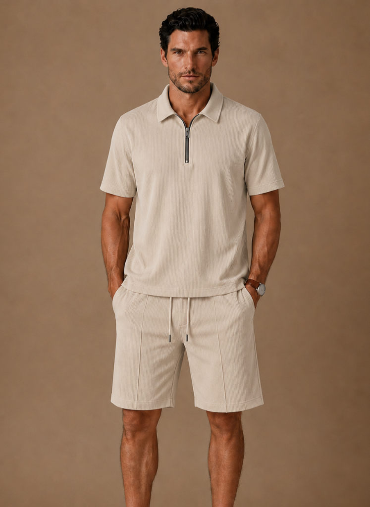 Conjunto de Polo y Pantalones Cortos a Juego para Hombre – Verano Acanalado | Areleon