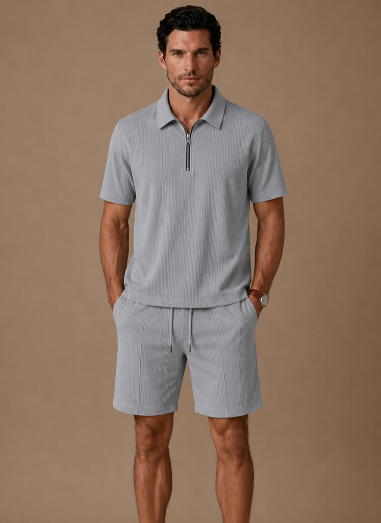Conjunto de Polo y Pantalones Cortos a Juego para Hombre – Verano Acanalado | Areleon