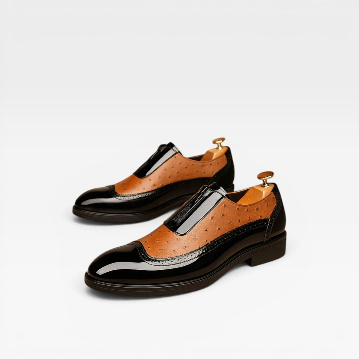Zapatos Oxford de Piel de Avestruz con Acabado Patente para Hombre – Elegante Estilo Brogue en Dos Tonos