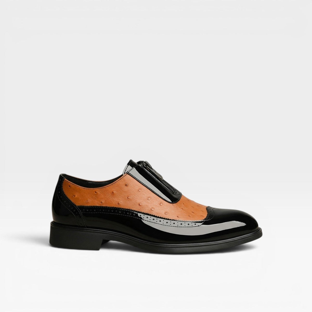 Zapatos Oxford de Piel de Avestruz con Acabado Patente para Hombre – Elegante Estilo Brogue en Dos Tonos