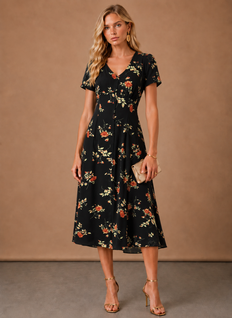 Vestido Midi Floral para Mujeres – Con Botones y Manga Corta | Areleon