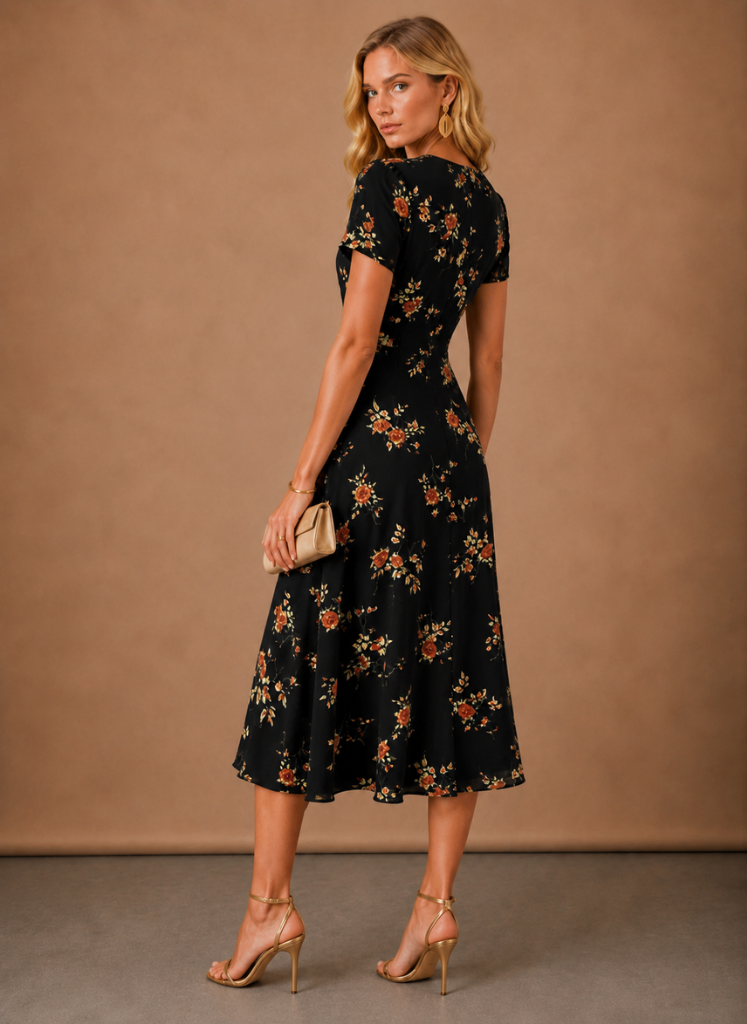 Vestido Midi Floral para Mujeres – Con Botones y Manga Corta | Areleon