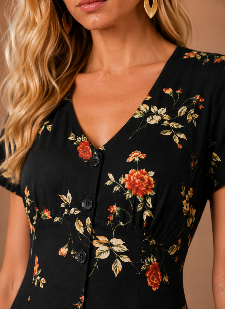 Vestido Midi Floral para Mujeres – Con Botones y Manga Corta | Areleon