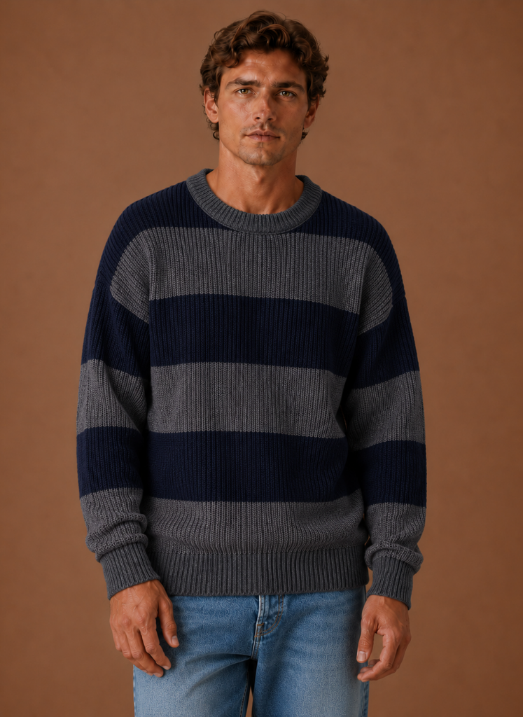 Suéter de Punto a Rayas para Hombre – Pulóver de Cuello Redondo | Areleon