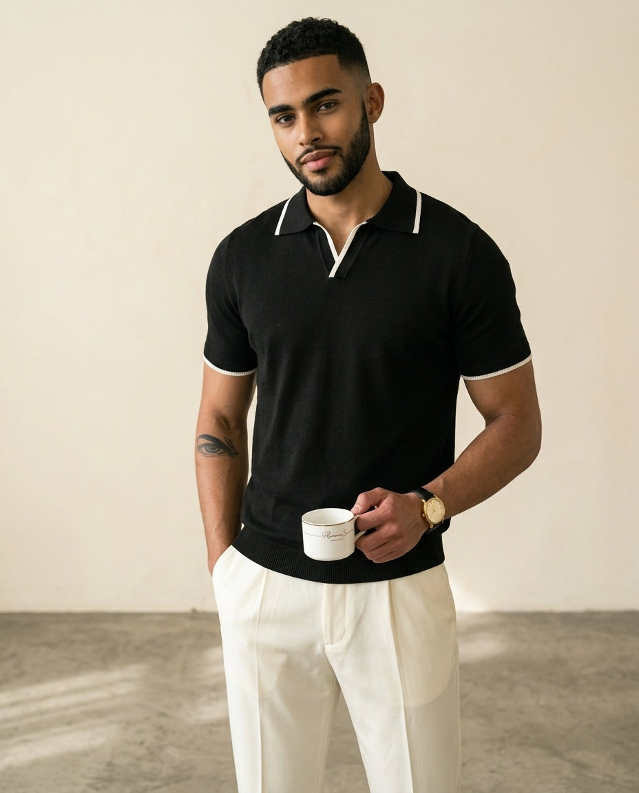 Polo de Punto con Cuello Abierto Negro