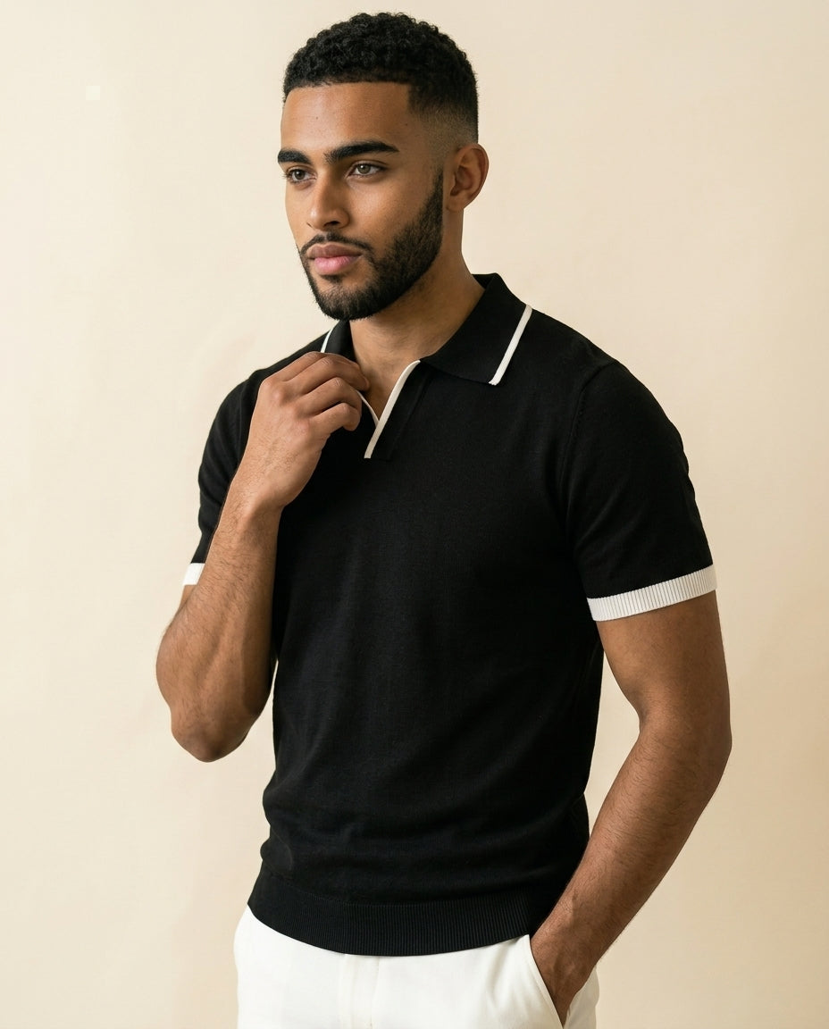 Polo de Punto con Cuello Abierto Negro