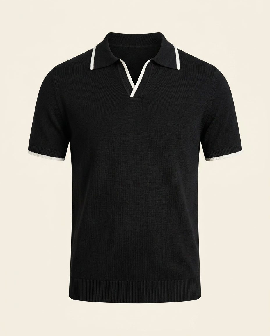 Polo de Punto con Cuello Abierto Negro