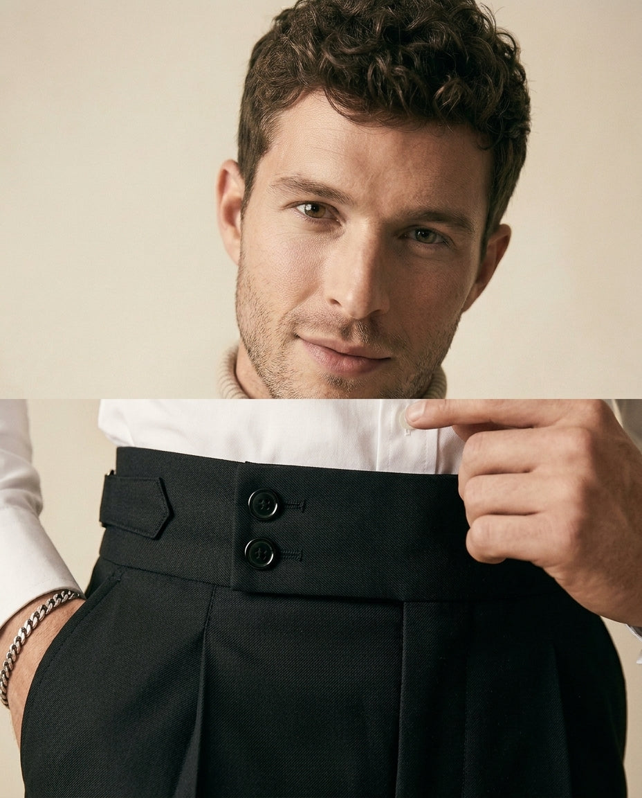 Pantalón de Cintura Alta con Doble Pliegue Negro