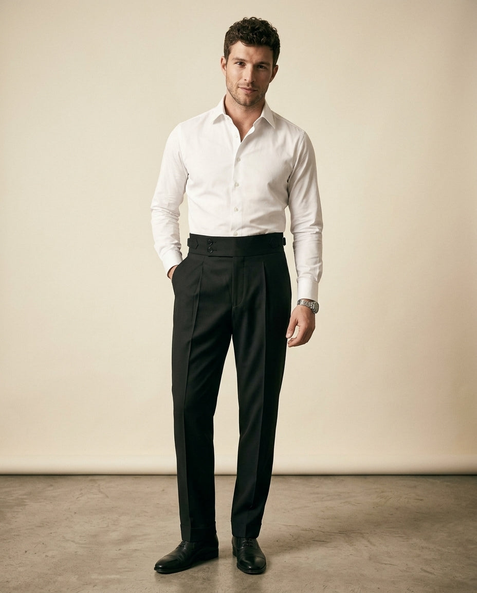 Pantalón de Cintura Alta con Doble Pliegue Negro